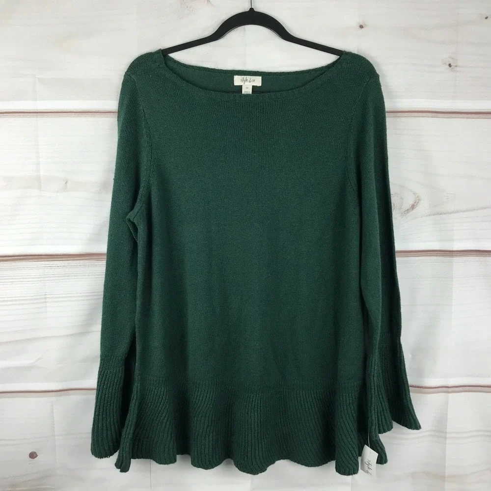 Style&Co Sweater Womens 0X Green Ruffle Trim Pullover Boat Neck Long Sleeve Knit